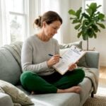 Woman checking eco friendly pest control checklist in kitchen