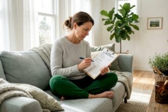 Woman checking eco friendly pest control checklist in kitchen