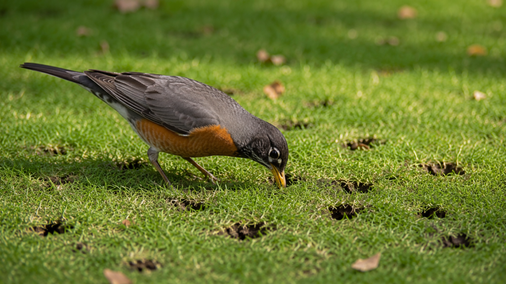 Small Holes in Lawn Overnight - Causes, Pictures & Solutions 5 Birds Searching for Grubs