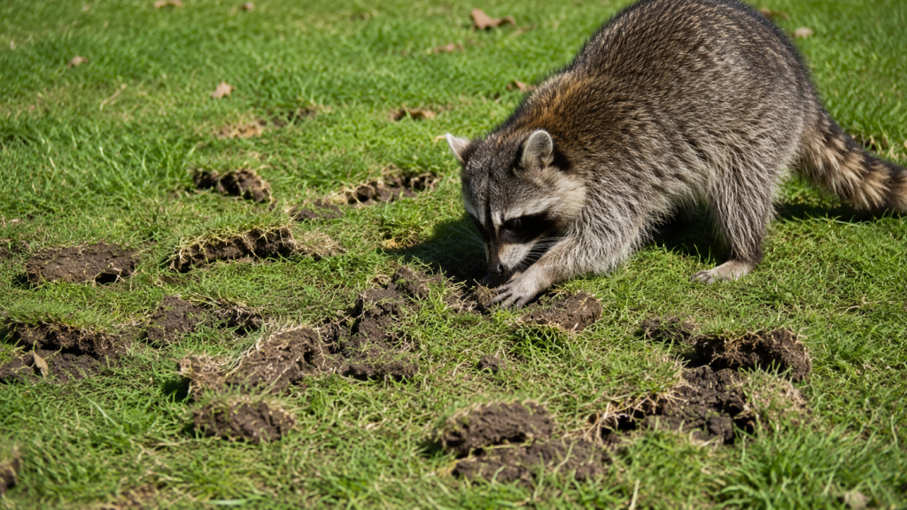 Small Holes in Lawn Overnight - Causes, Pictures & Solutions 3 Raccoons Digging for Insects